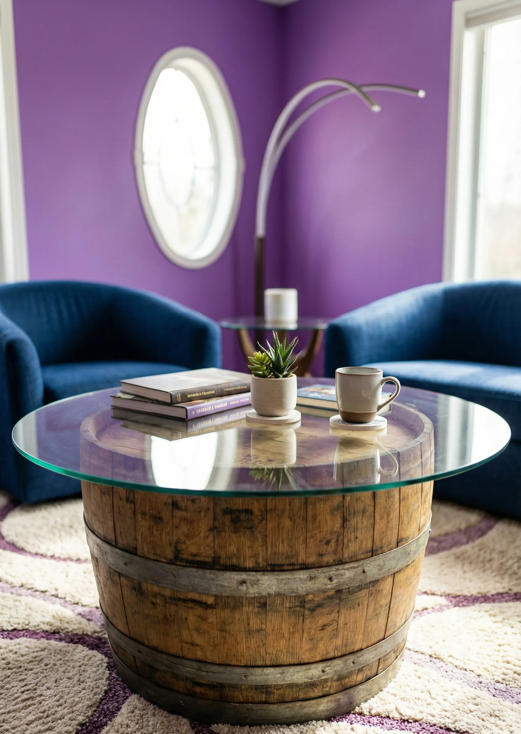 Barrel Coffee Table with Glass Top