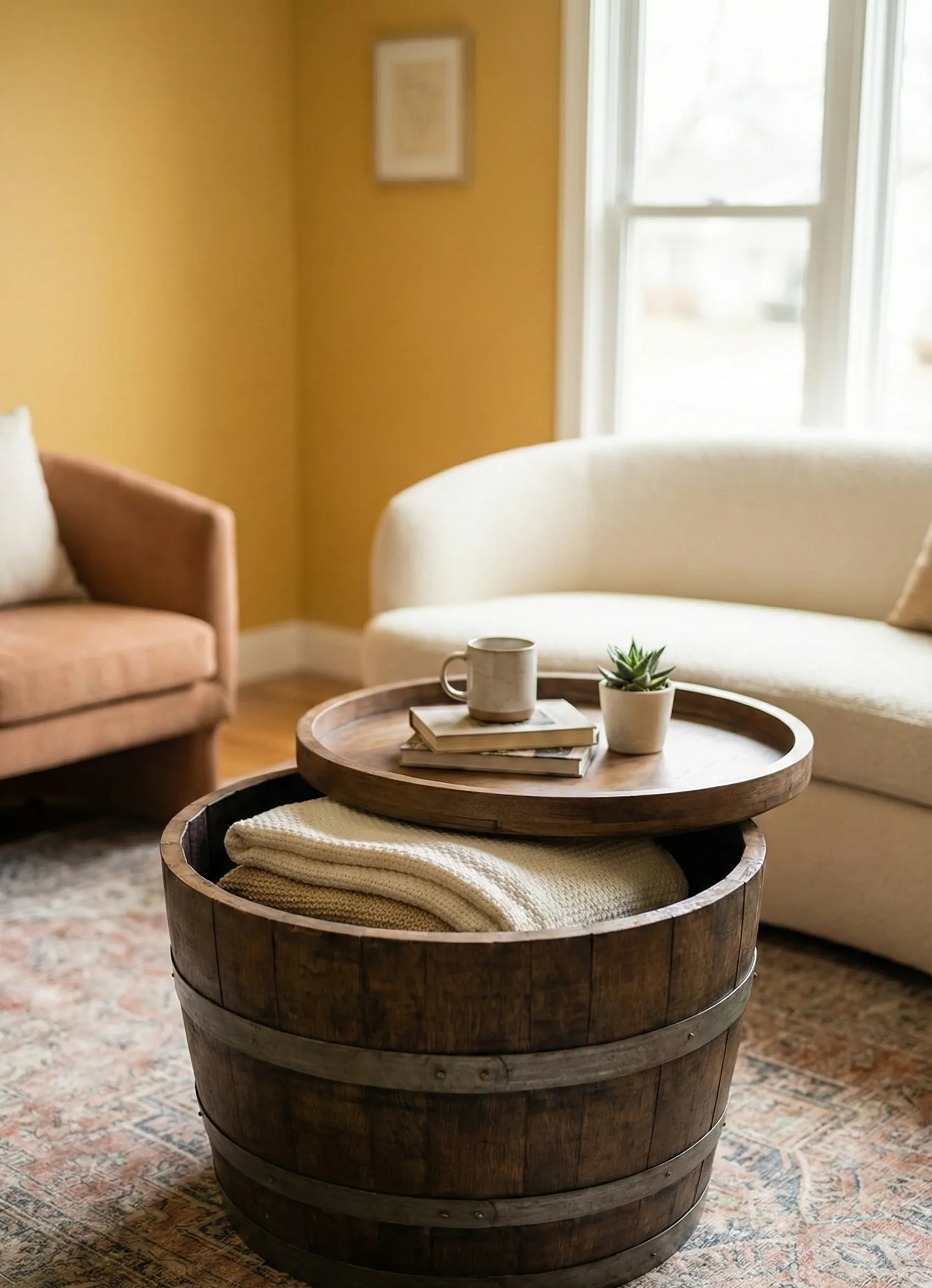 Barrel Drum Coffee Table with Removable Tray
