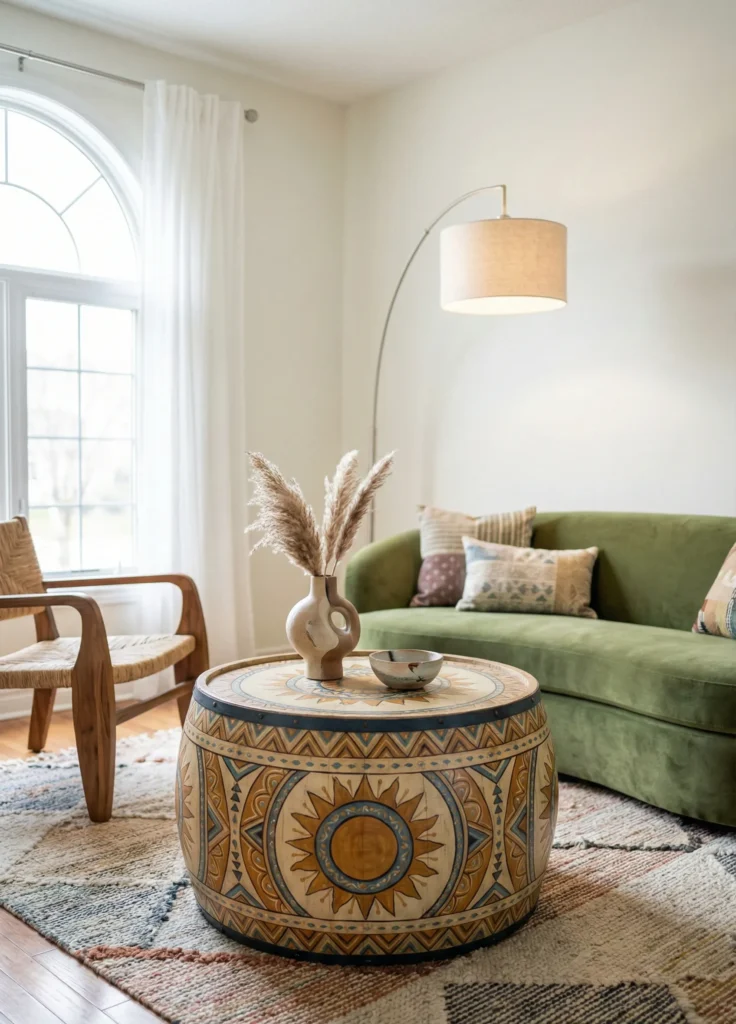Barrel-Shaped Drum Table with Artistic Detailing