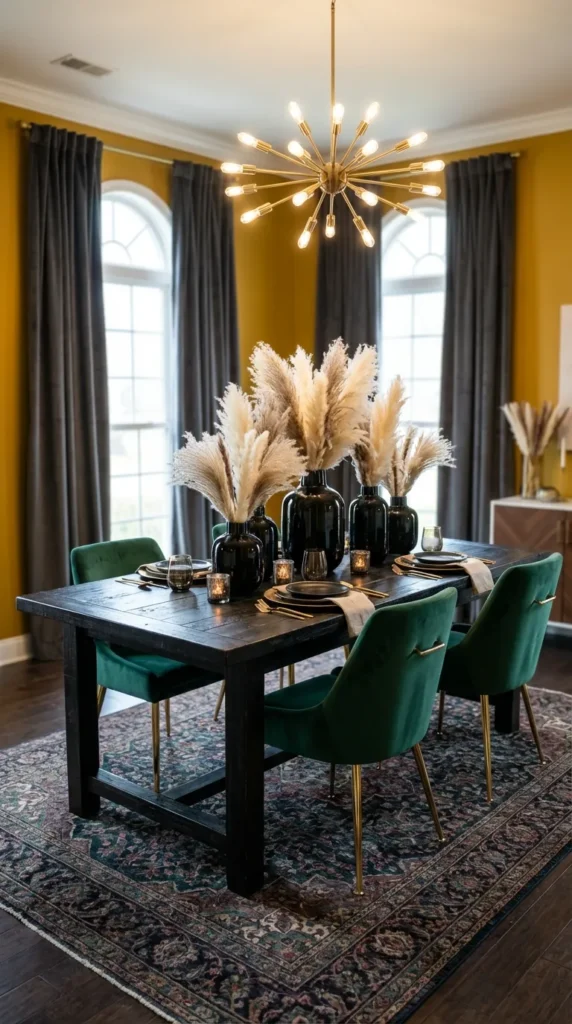 Black Glass Vases with Pampas Grass