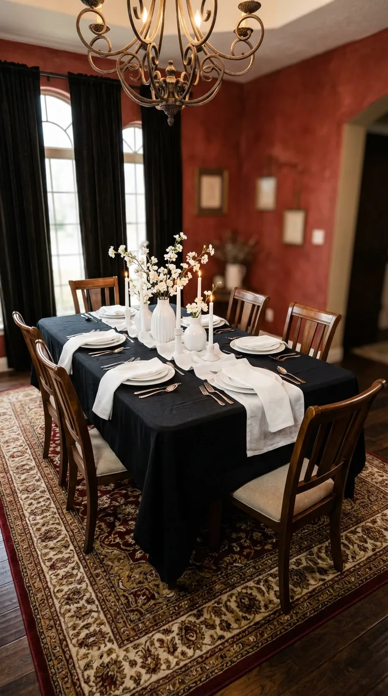 Black Linen Tablecloth with White Accents