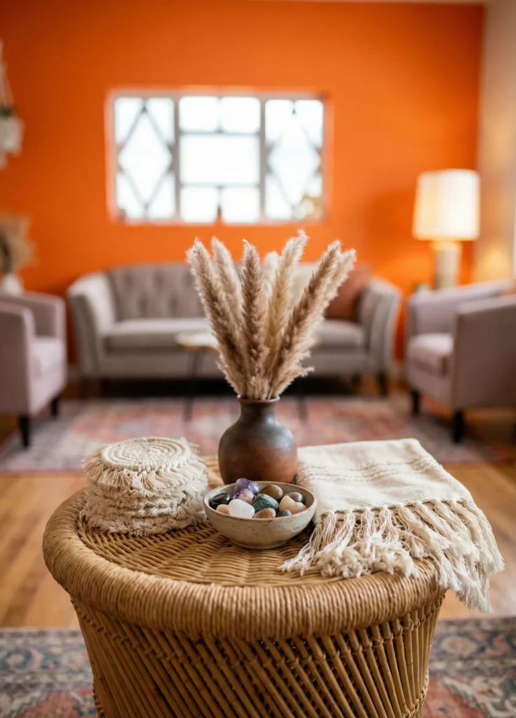 Boho Coffee Table Vignette With Woven Textiles