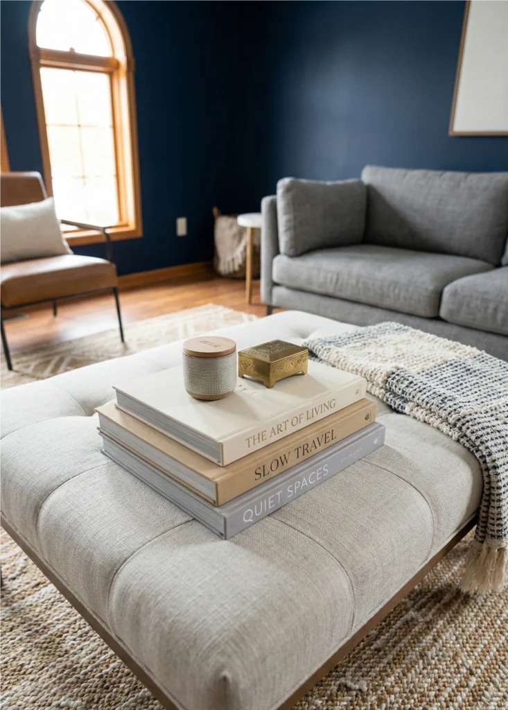 Coffee Table with Layered Neutral Books