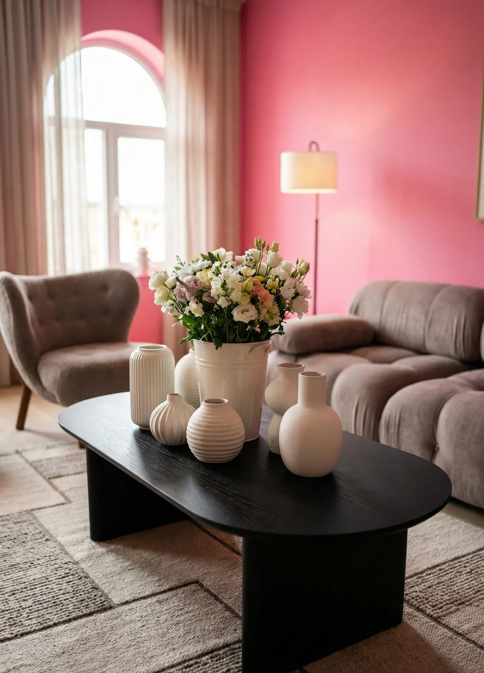 Curved Black Table Styled With Organic Ceramics