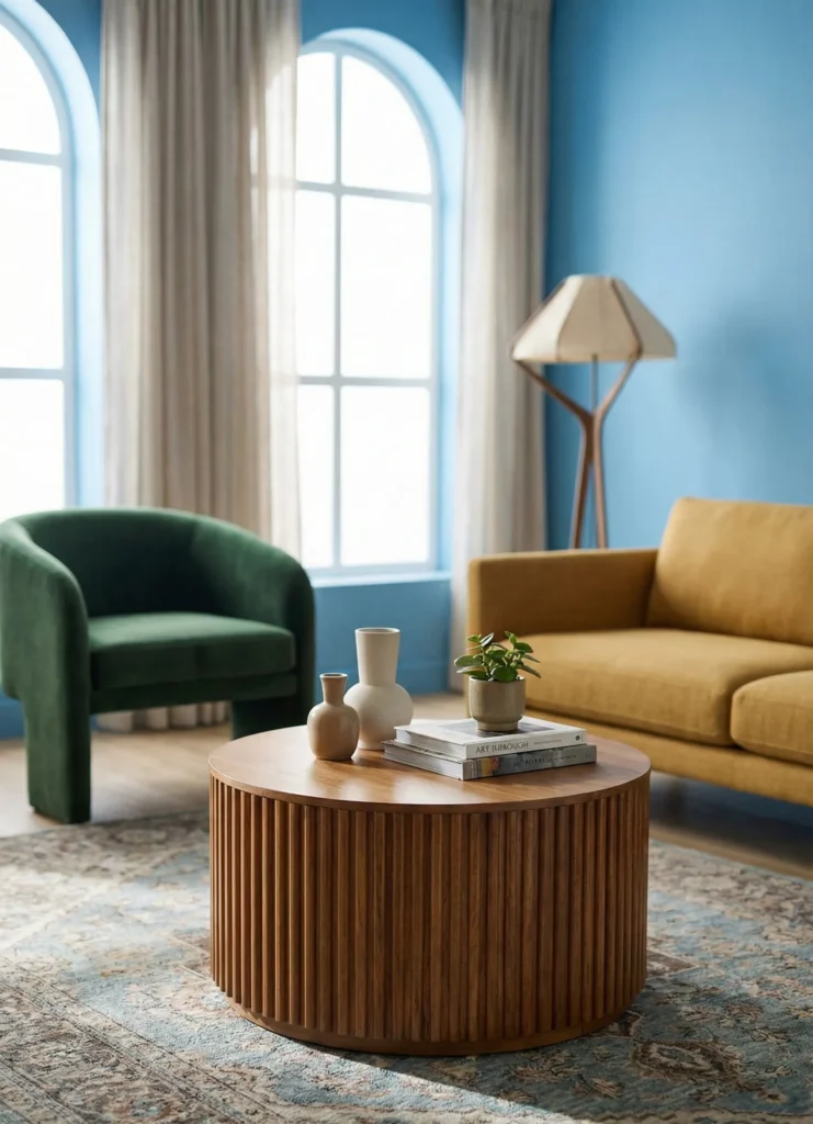 Fluted Wood Drum Table Texture Focus