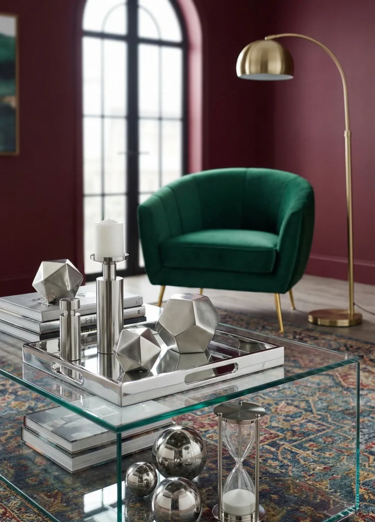 Glass Coffee Table Paired With Polished Metal Decor