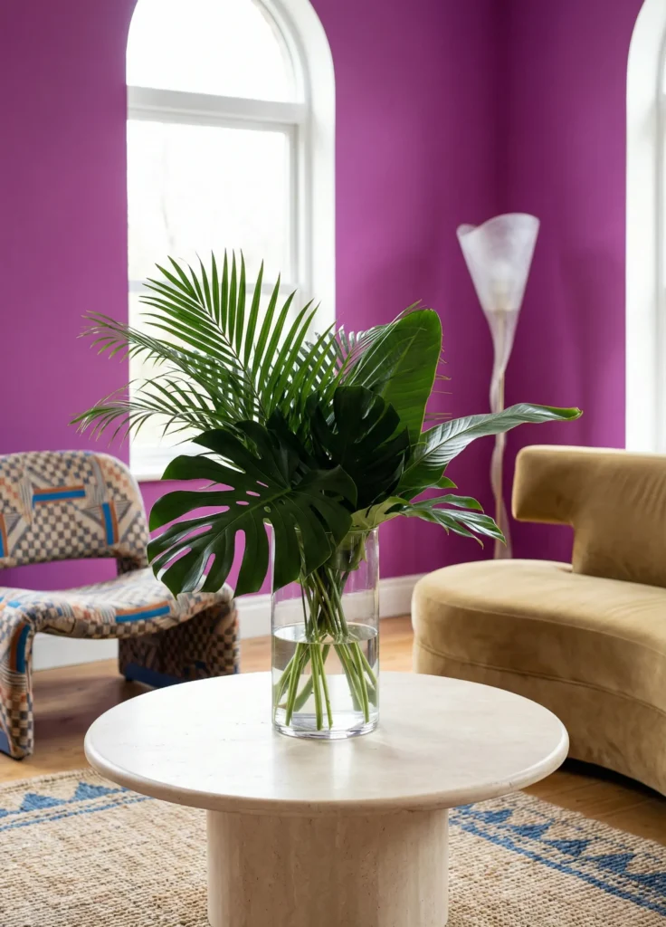 Glass Vase With Lush Greenery and Palm Leaves