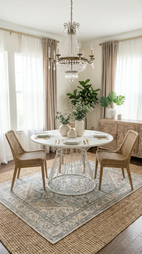 Layered Rugs Under Dining Table Zone