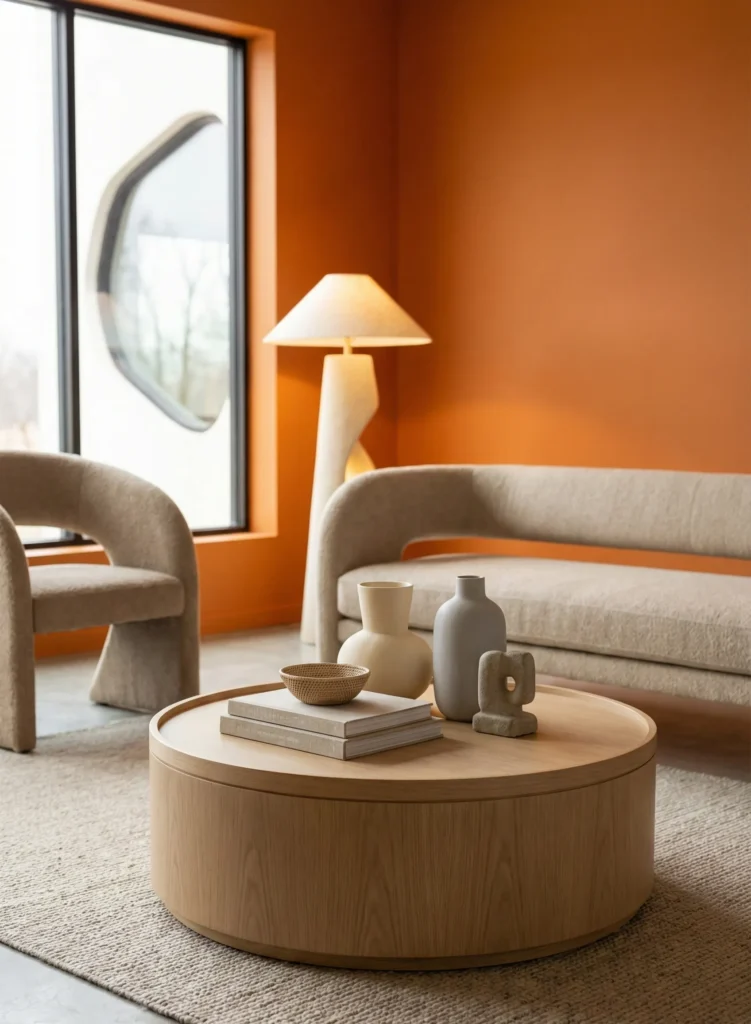 Light Wood Drum Table With Neutral Decor