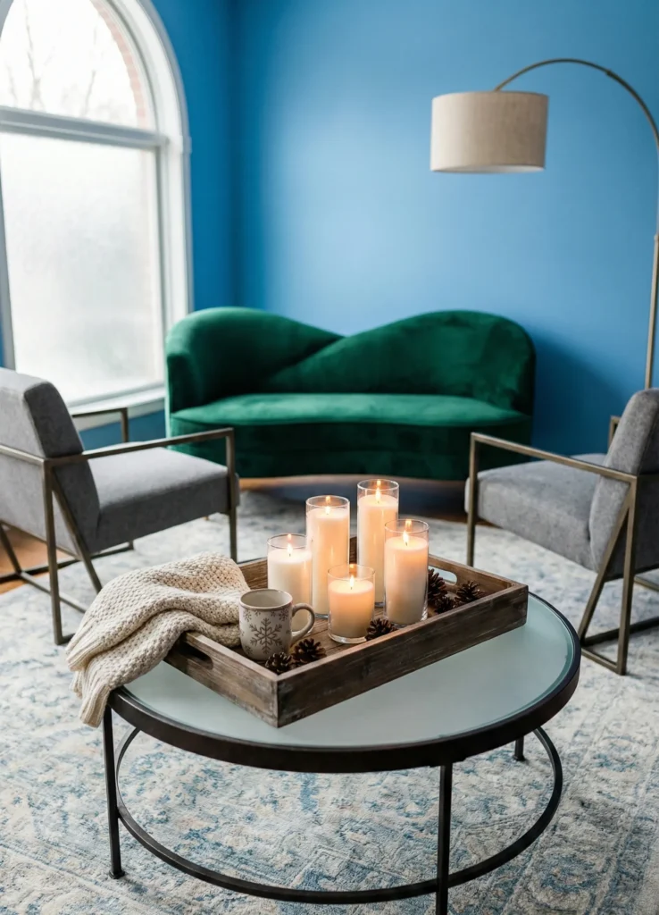 Low Wooden Tray Styled With Candles and Cozy Accents