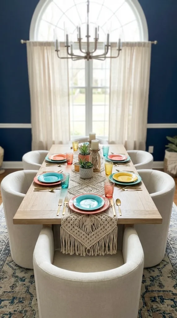 Macramé Runner With Vibrant Dinnerware