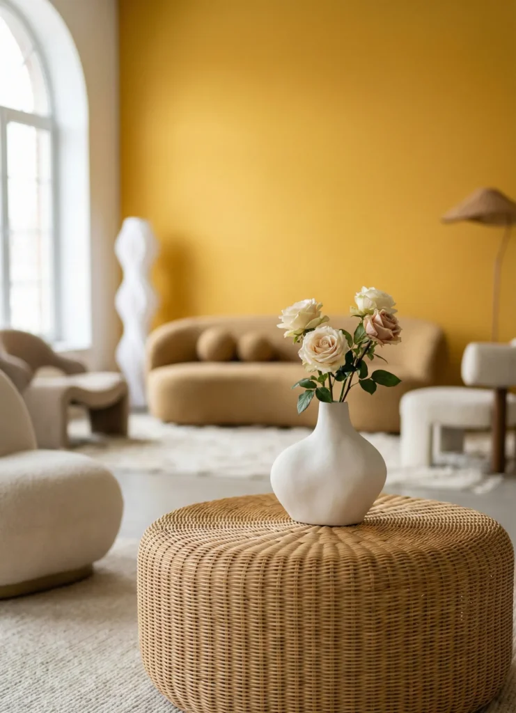 Minimalist Wicker Table With Single Sculptural Vase