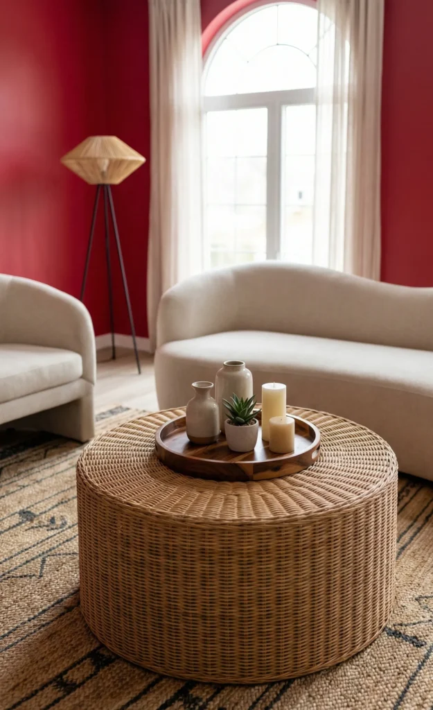 Natural Wicker Coffee Table With Layered Wood Tray