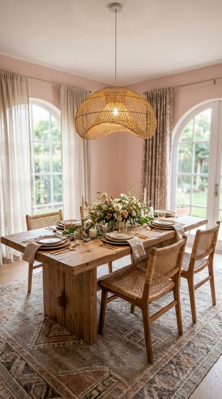 Natural Wood Table With Statement Lighting