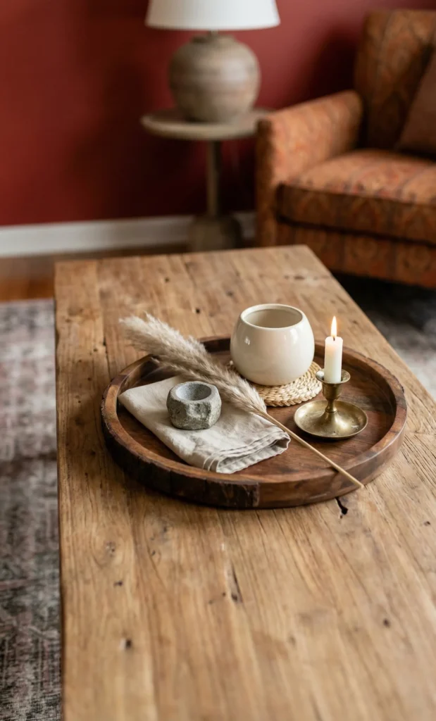Natural Wood Tray Layered With Textured Accents