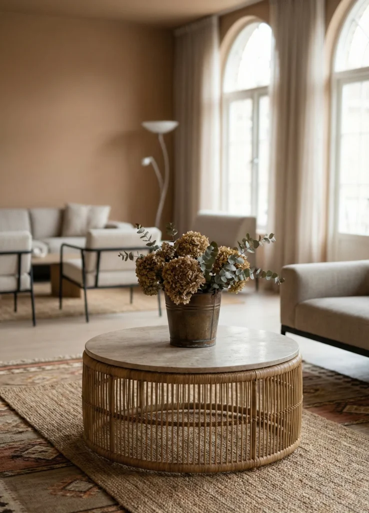 Neutral Rug Layered Beneath Wicker Table for Texture Grounding