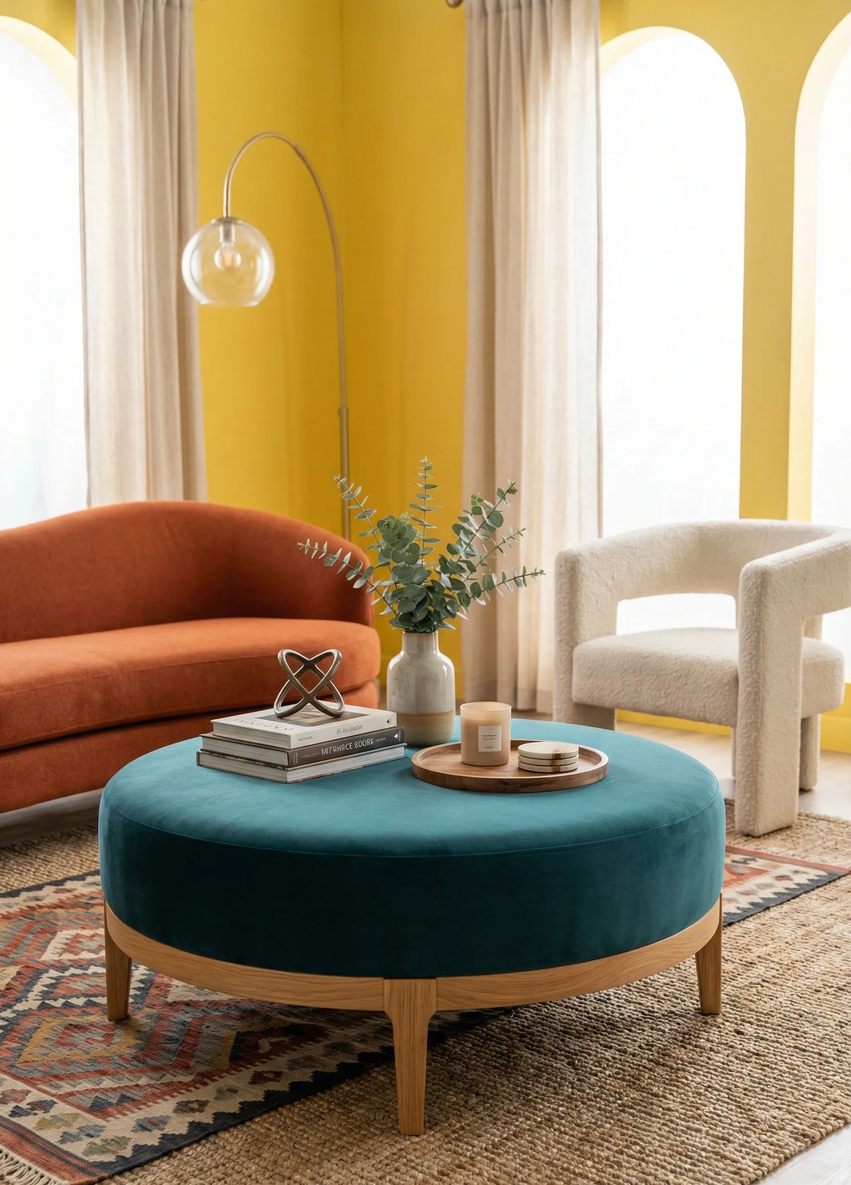 Ottoman With Exposed Wood Base
