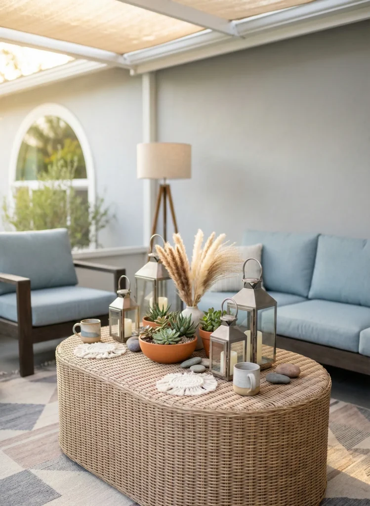 Outdoor Lounge Coffee Table With Lanterns and Greenery