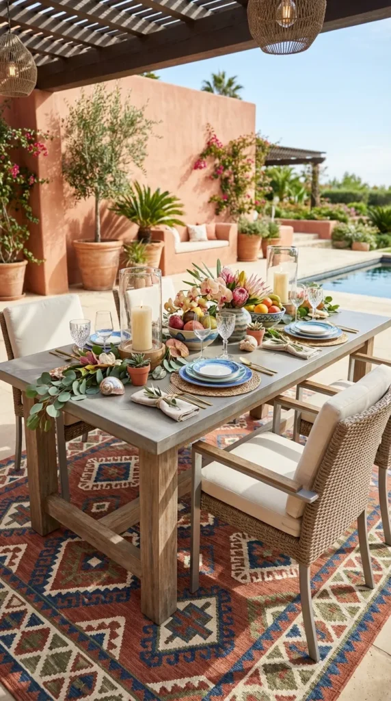 Patterned Outdoor Rug Under Dining Area