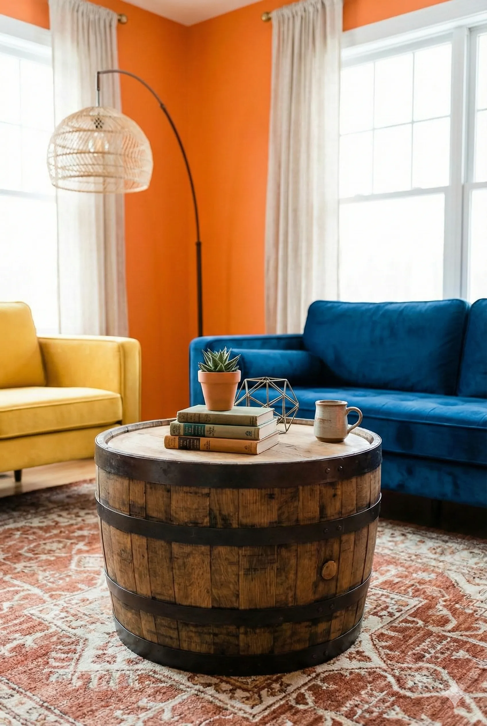 Reclaimed Wood Barrel Coffee Table with Metal Bands