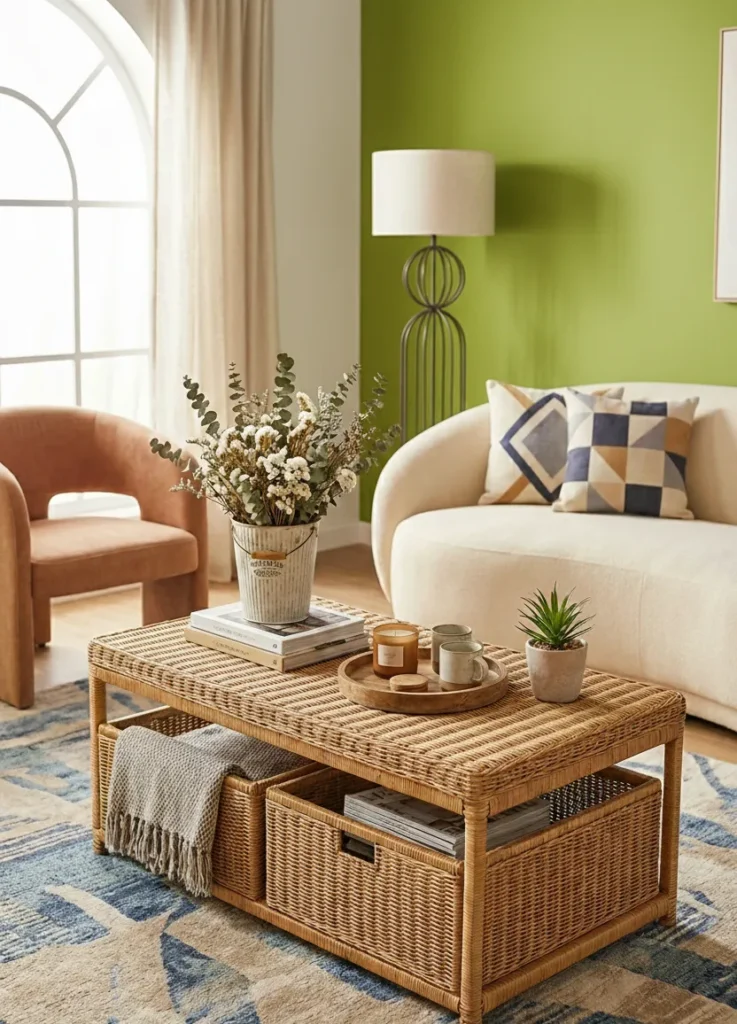 Rectangular Wicker Table With Functional Baskets Storage