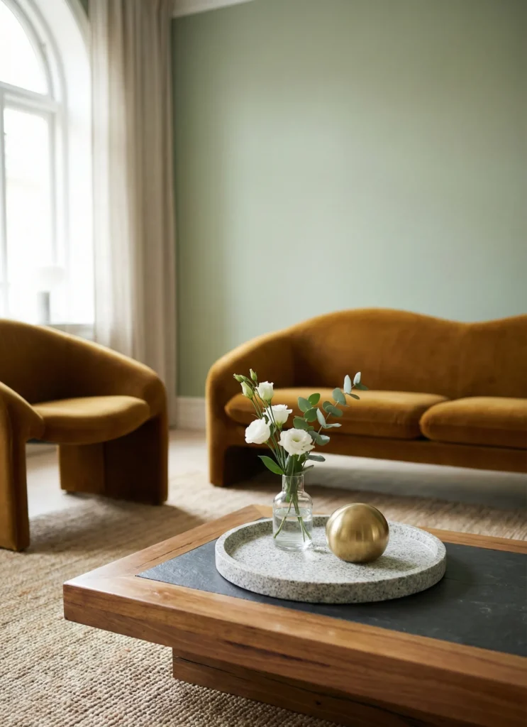 Rounded Stone Tray With Minimal Decor and Bouquet