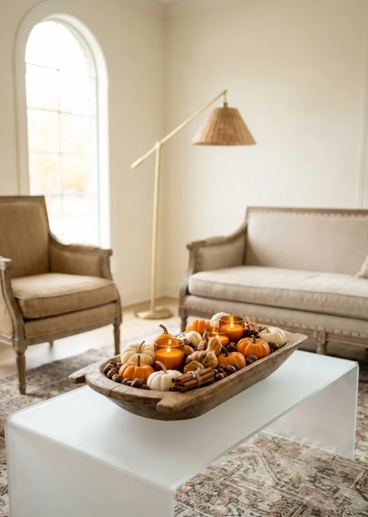 Rustic Dough Bowl Filled With Seasonal Elements