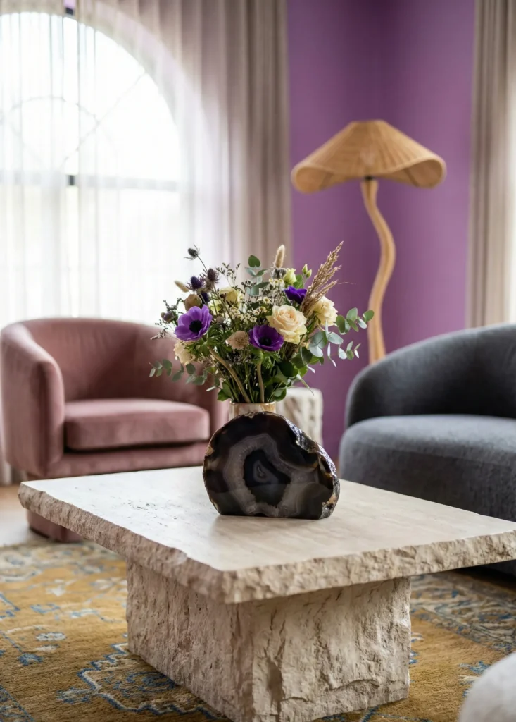 Sculptural Stone Object as a Centerpiece With Flower Bouquet