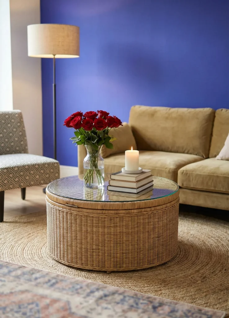 Smooth Glass Top Wicker Table With Simple Accents