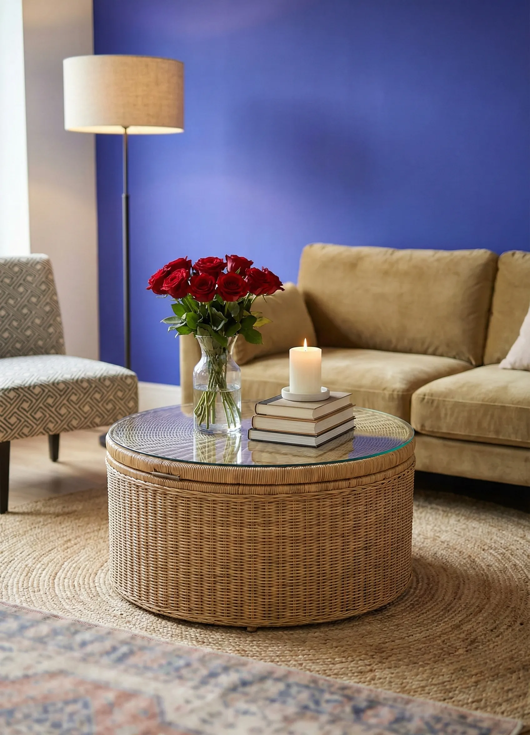 Smooth Glass Top Wicker Table With Simple Accents