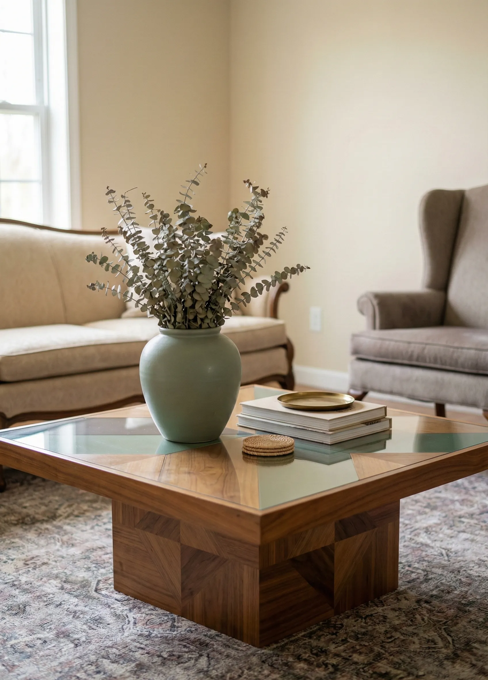Square Table Anchored by Muted Color Accent