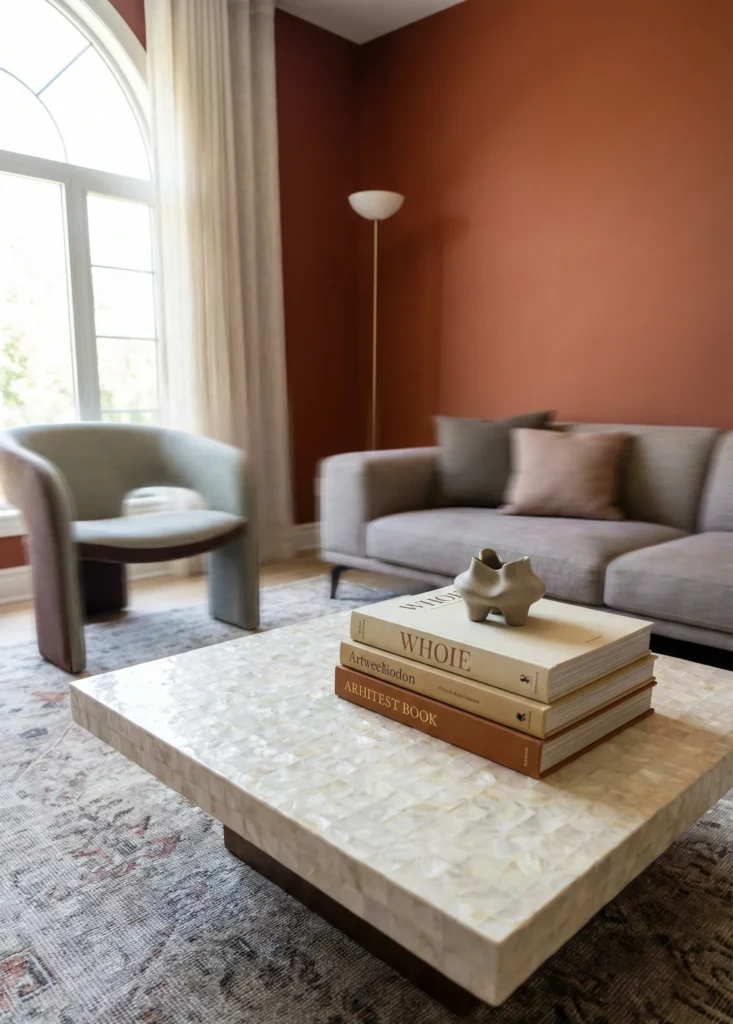 Square Table Featuring Layered Book Stack