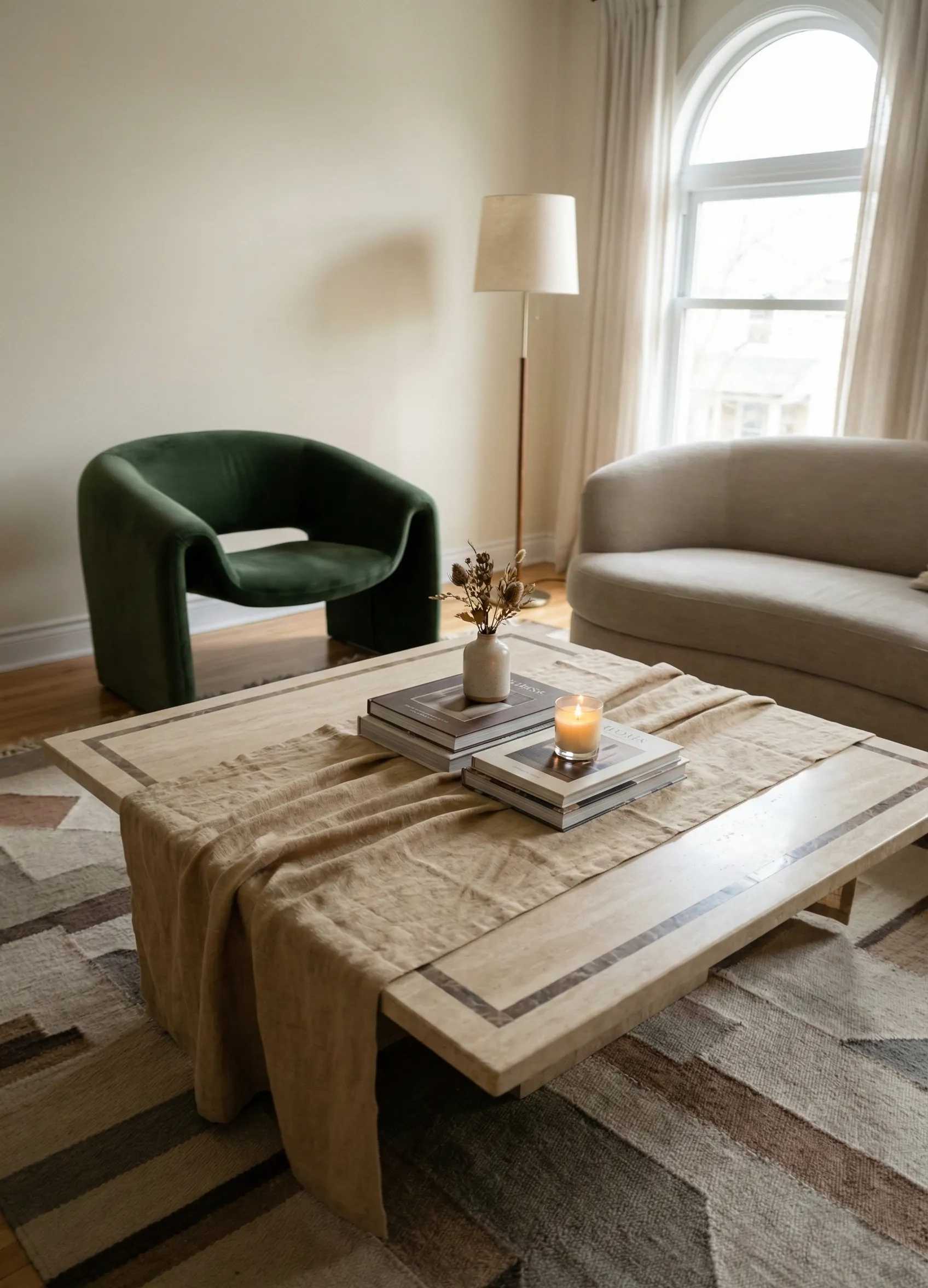 Square Table Featuring Warm-Neutral Textile Accent