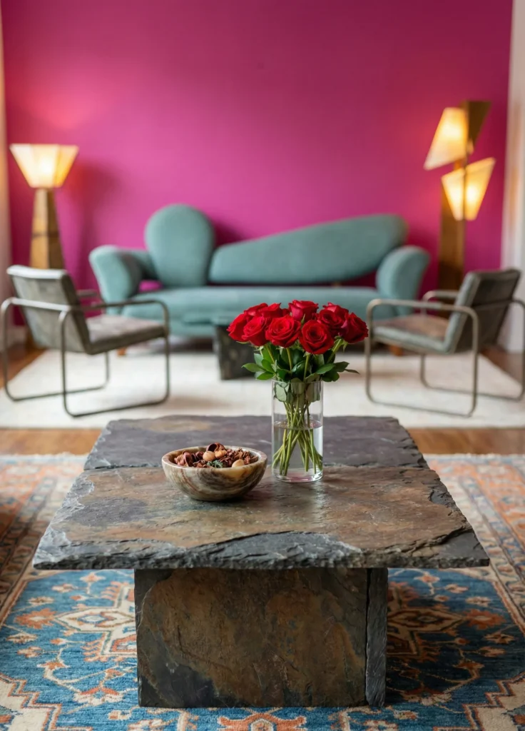 Stone and Glass Accent Pairing with Red Rose Flower