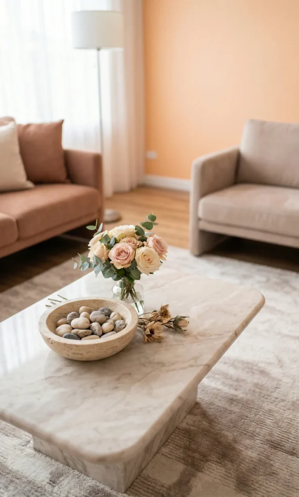 Travertine Bowl With Soft Neutral Fillers and Rose Bouquet