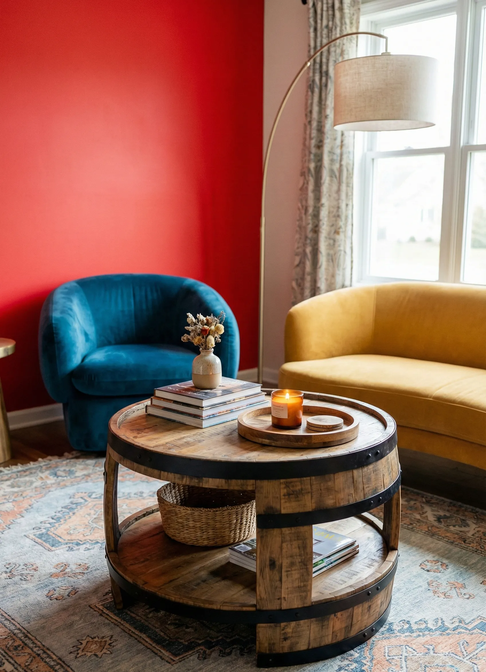 Two-Tier Barrel Coffee Table with Lower Shelf