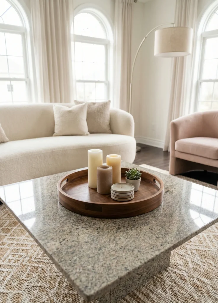 Warm Wood Tray to Balance Cool Stone and Some Candles