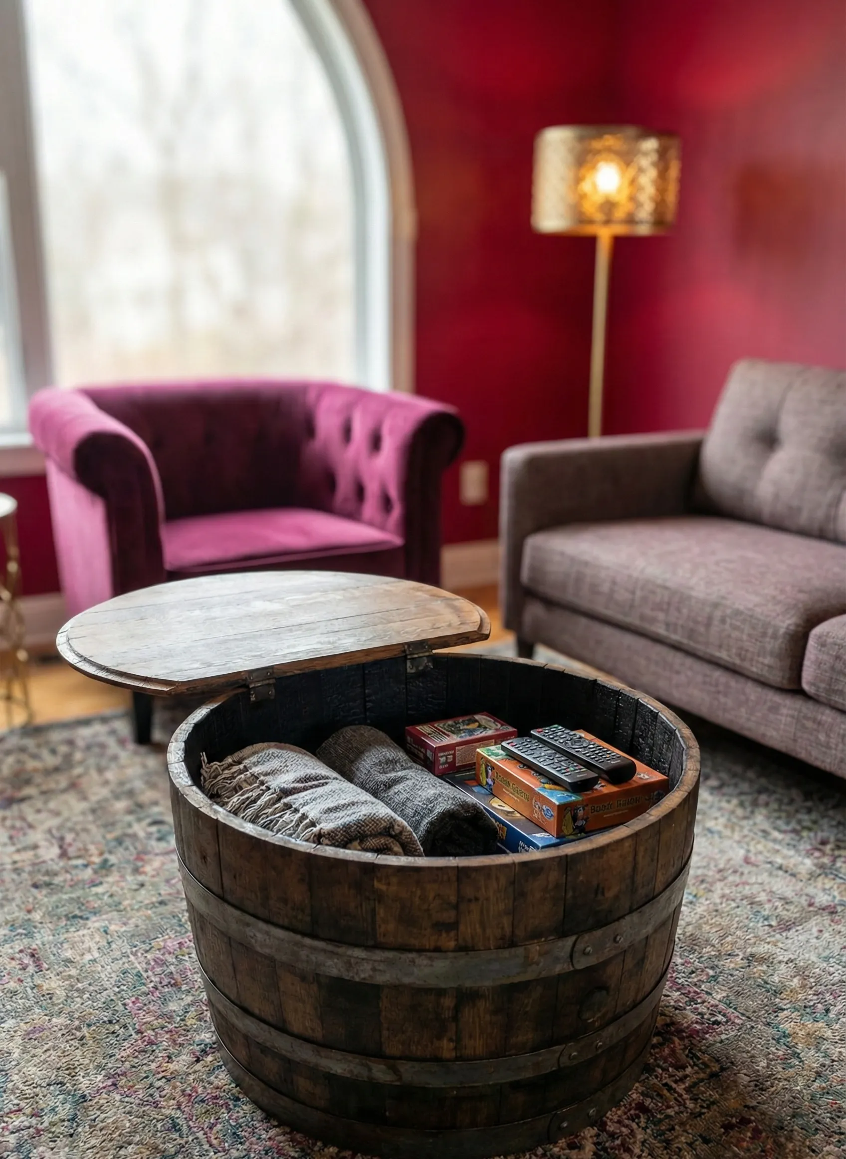 Whiskey Barrel Coffee Table with Hidden Storage
