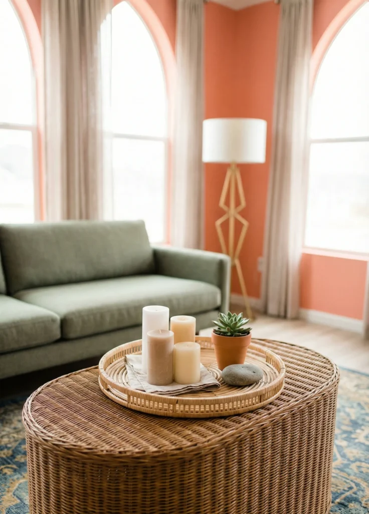 Wicker Tray Centerpiece With Candles and Natural Elements