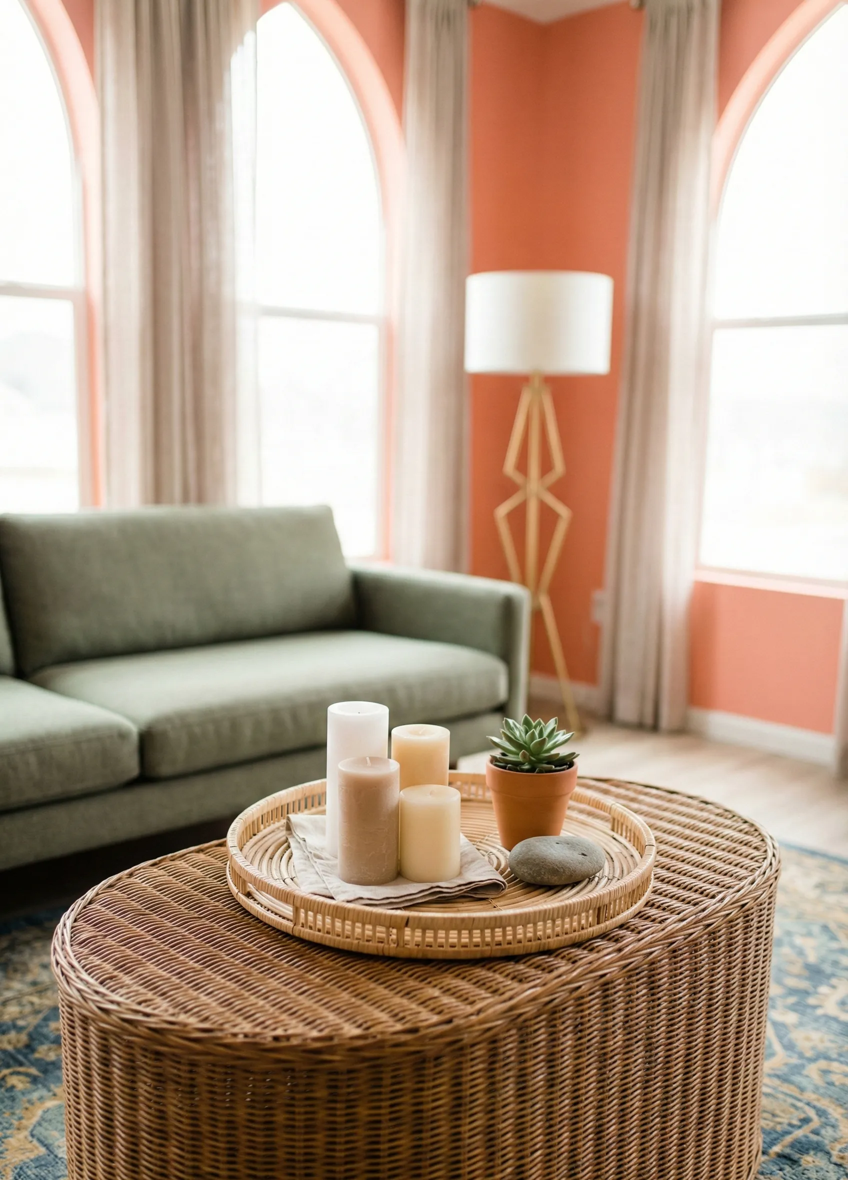Wicker Tray Centerpiece With Candles and Natural Elements