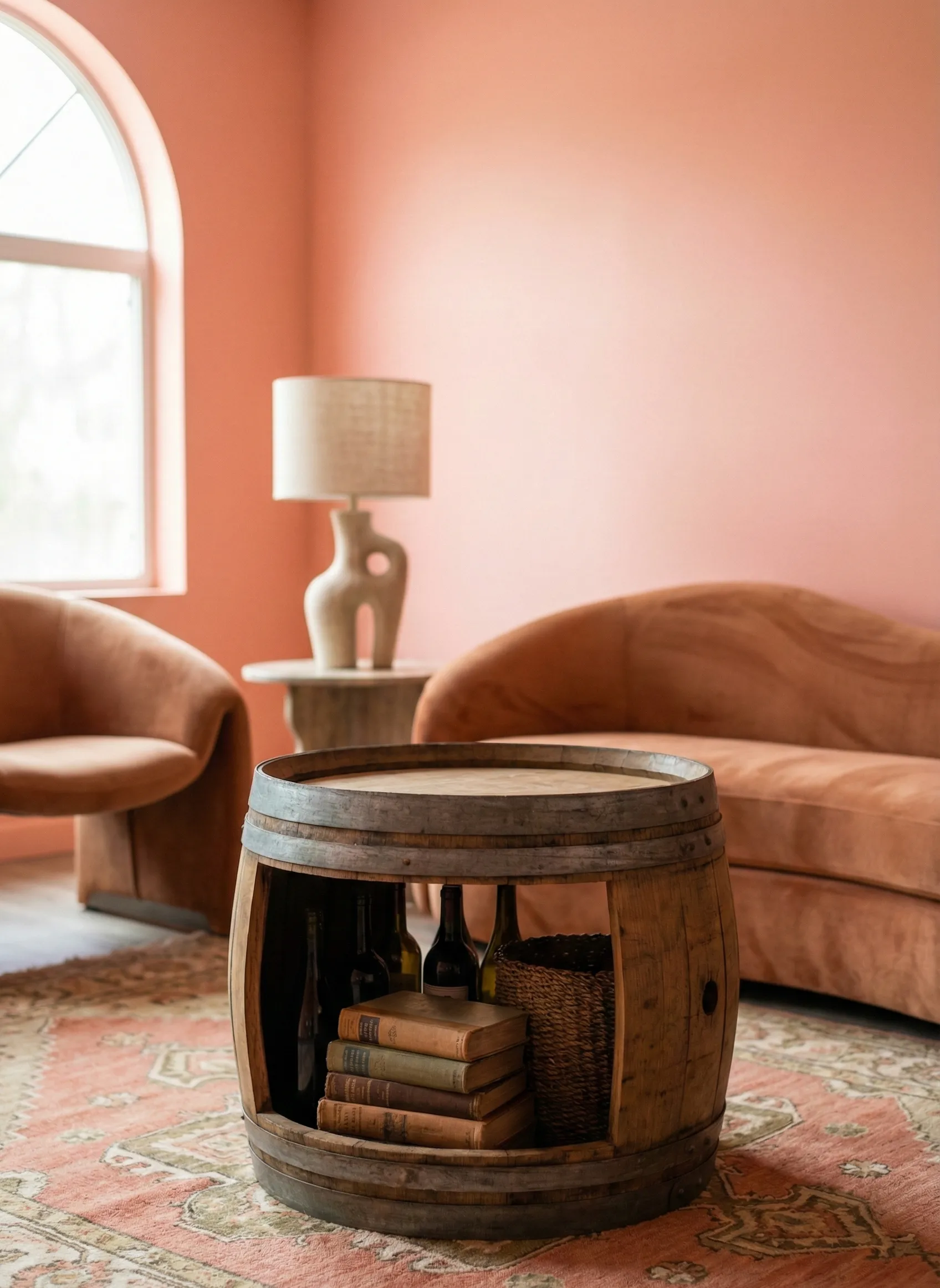 Wine Barrel Coffee Table with Display Storage