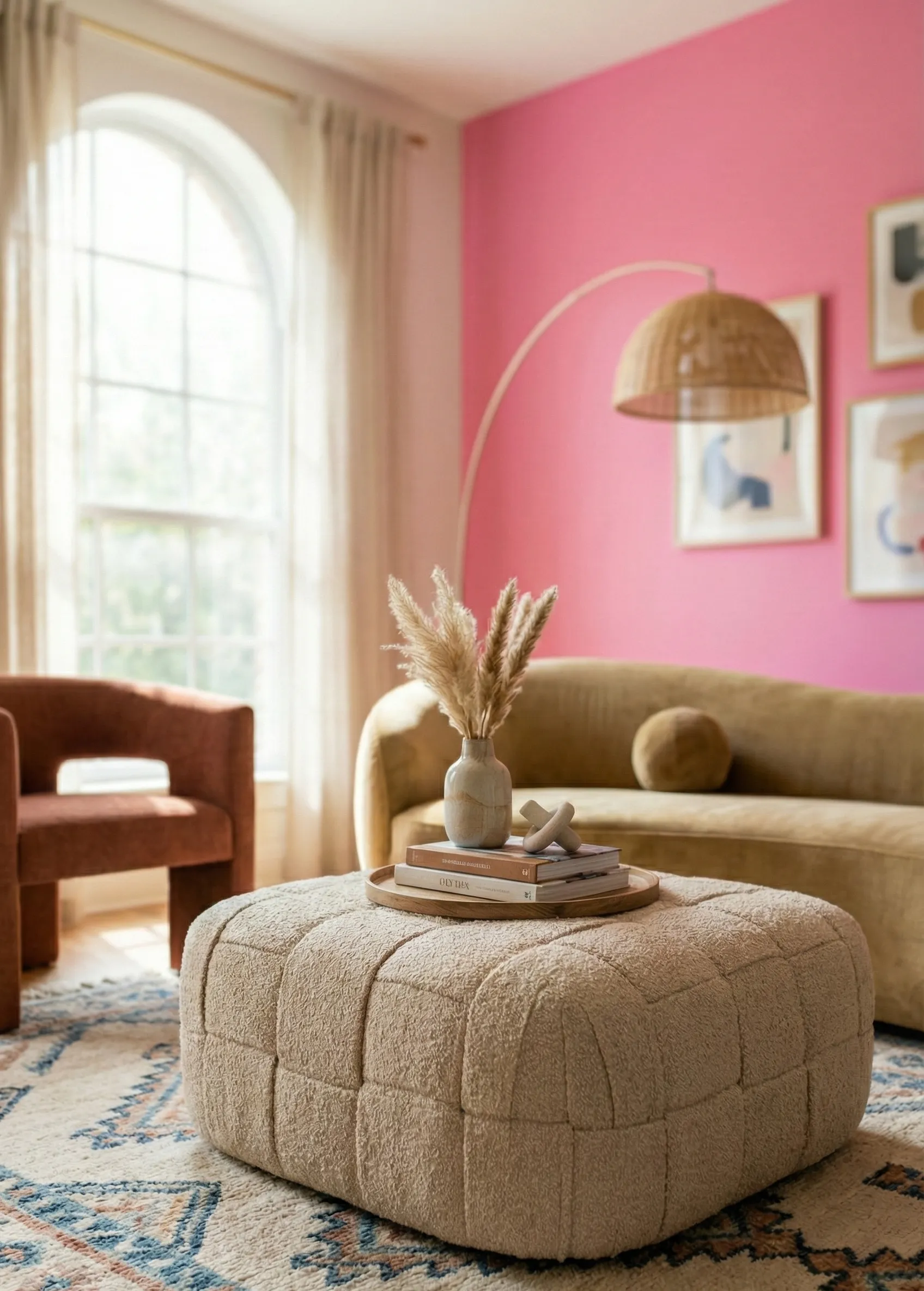 Woven or Textured Fabric Ottoman