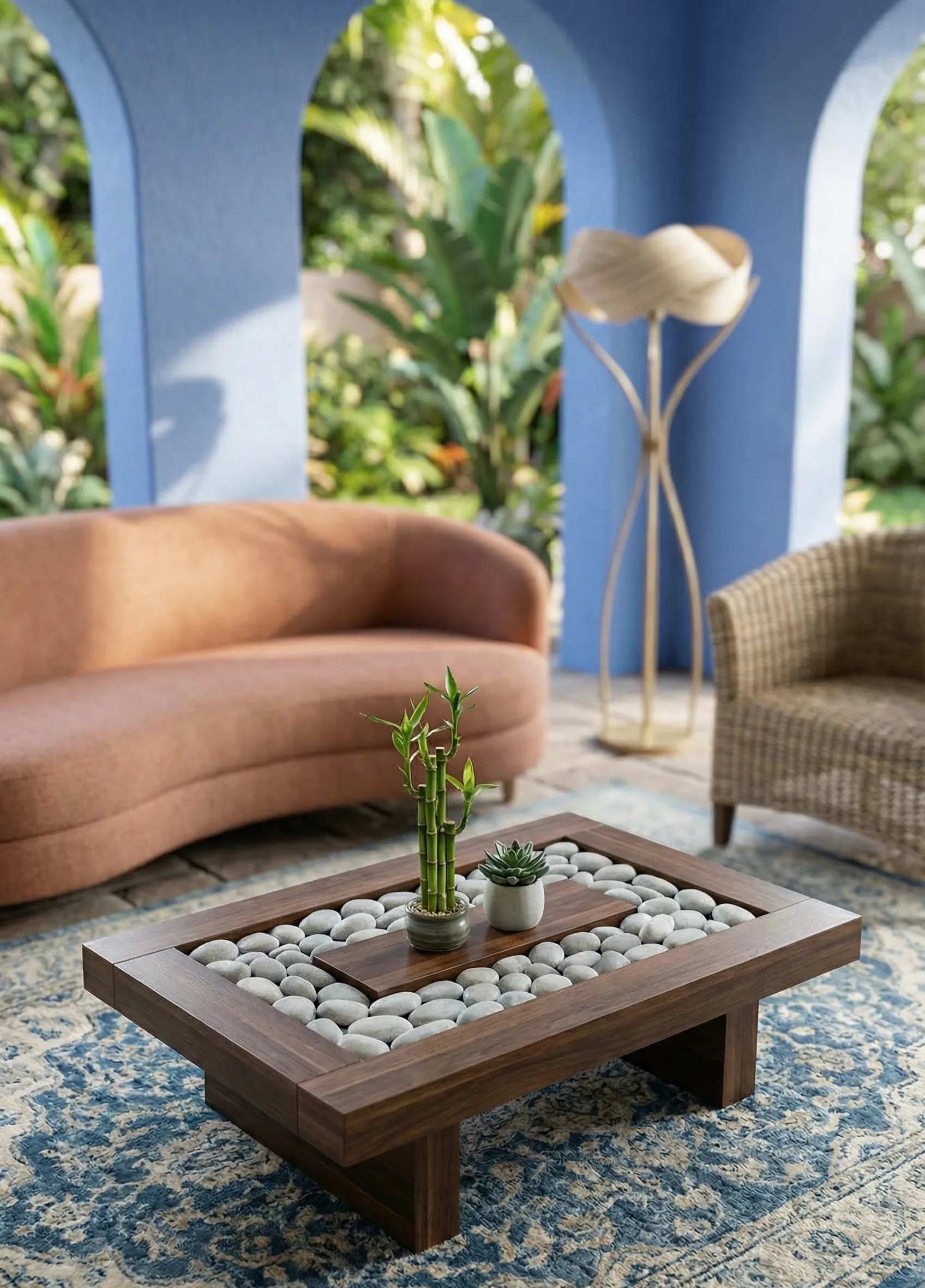 Zen-Inspired Table With Stone and Bamboo