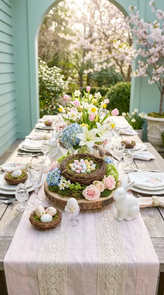 Bird Nest With Pastel Eggs And Flowers