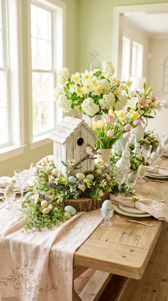 Birdhouse Centerpiece With Eggs And Foliage