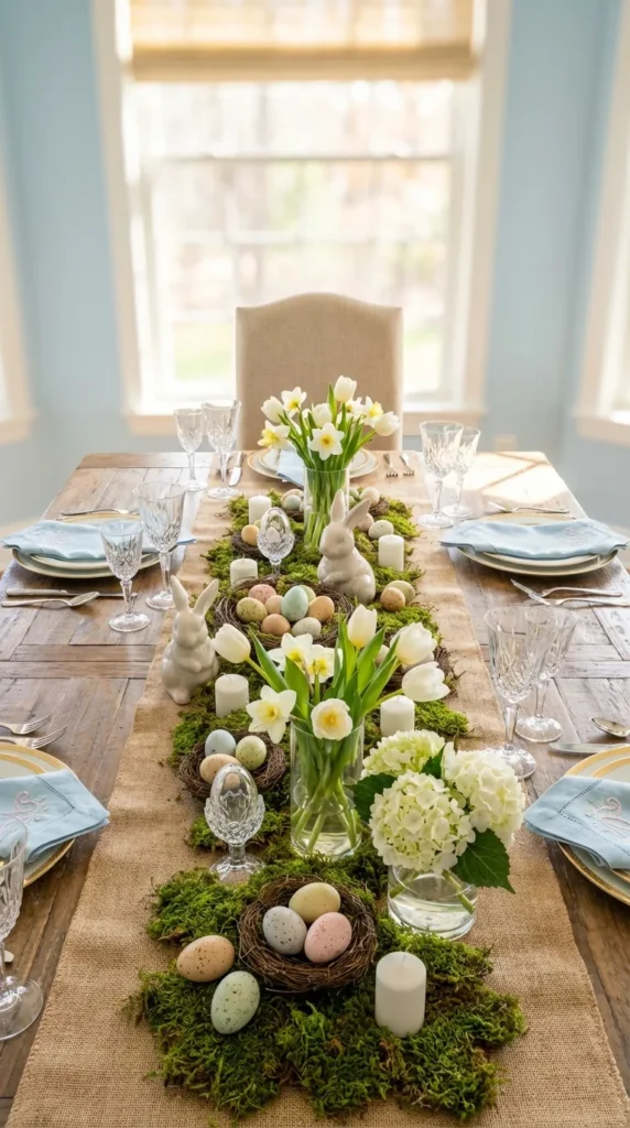 Burlap Table Runner With Moss And Eggs Centerpiece