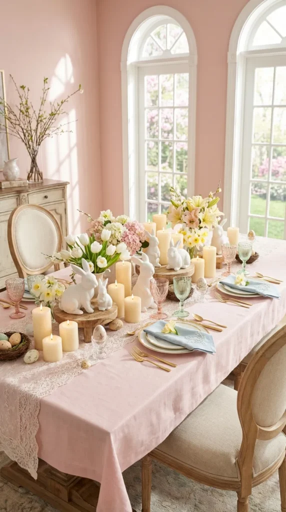 Candles With Bunny Figurines And Florals