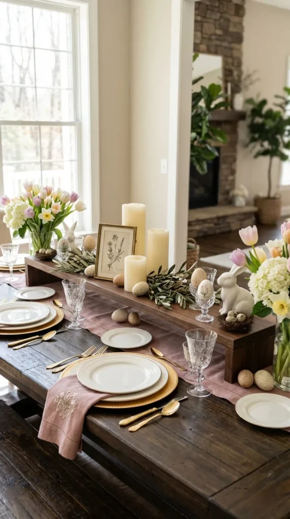 Dark Wood Riser With Candles And Vintage Accents