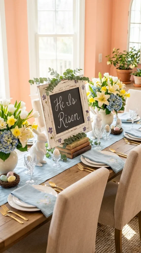 Distressed Chalkboard Easter Sign With Floral Accents