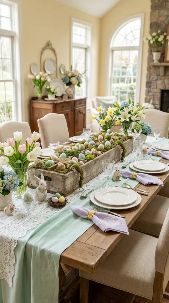 Distressed Wooden Egg Crate Filled With Moss And Eggs